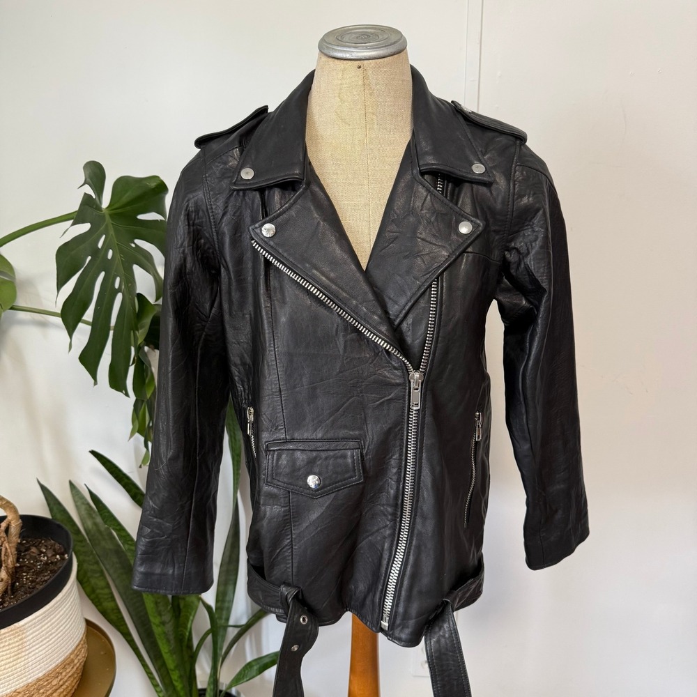 Deadwood Noma Biker Jacket Womens 36 Black Recycled Leather Moto Belted NEW